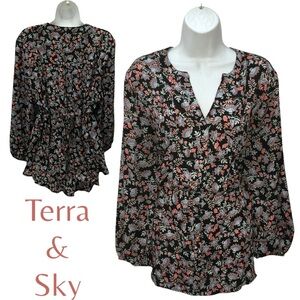 Terra & Sky Black Floral Blouse with Pink and Blue Accents